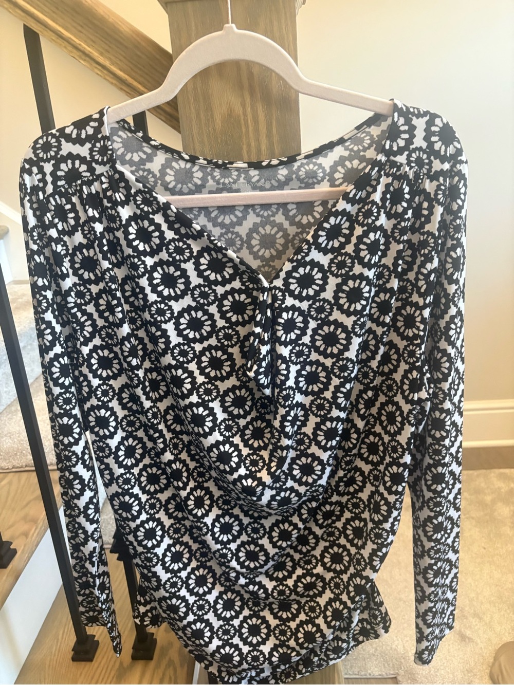 Lane Bryant Black & White Floral Drape-Neck Long Sleeve Top